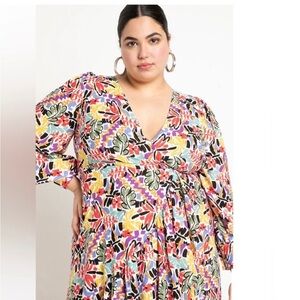 Eloquii Faux Wrap Abstract Print Ruffle Sleeve Midi Dress